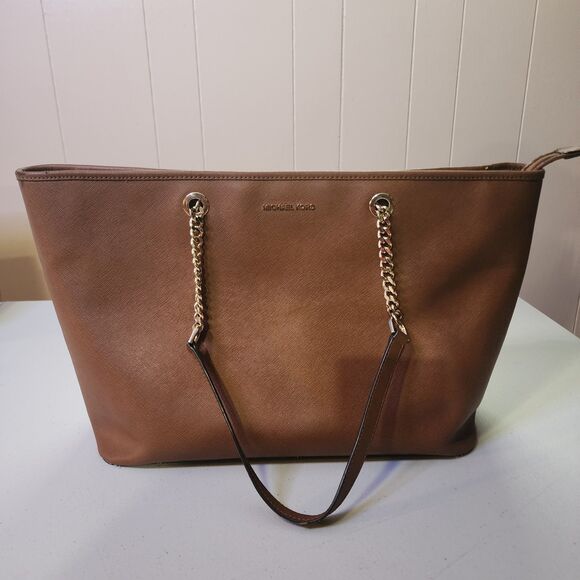 Michael Kors MK Jet Set Travel Chain Zip Top Multifunction Leather Tote Brown - Picture 1 of 14